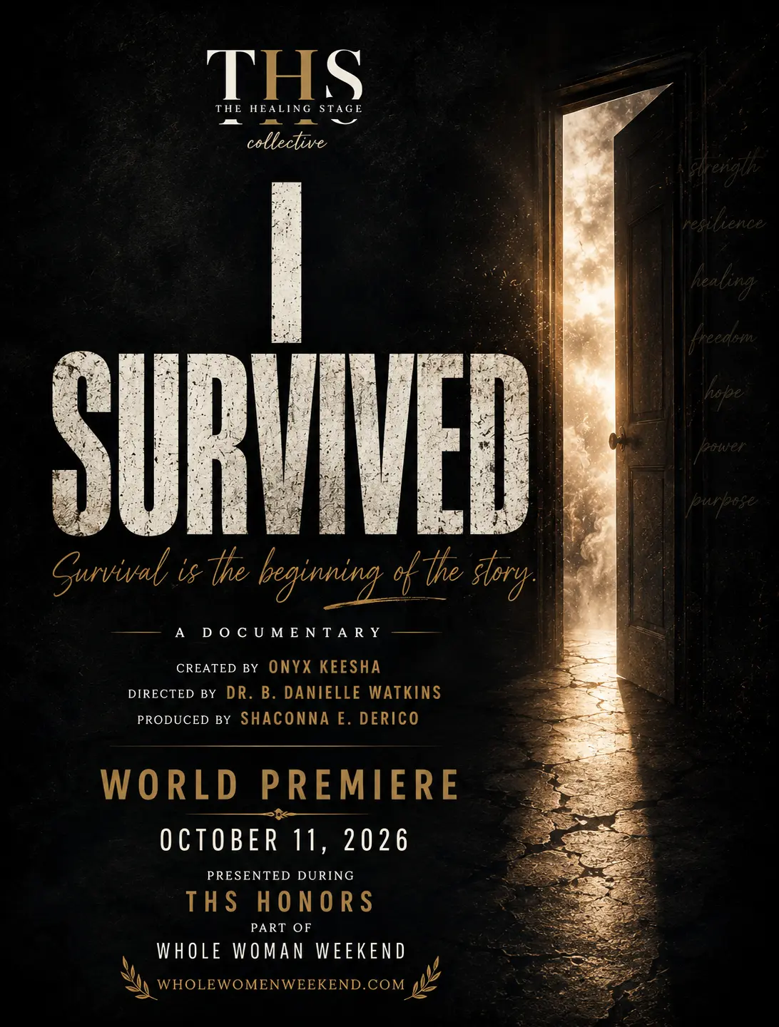 Official film poster for I Survived, showing a doorway opening into warm light.