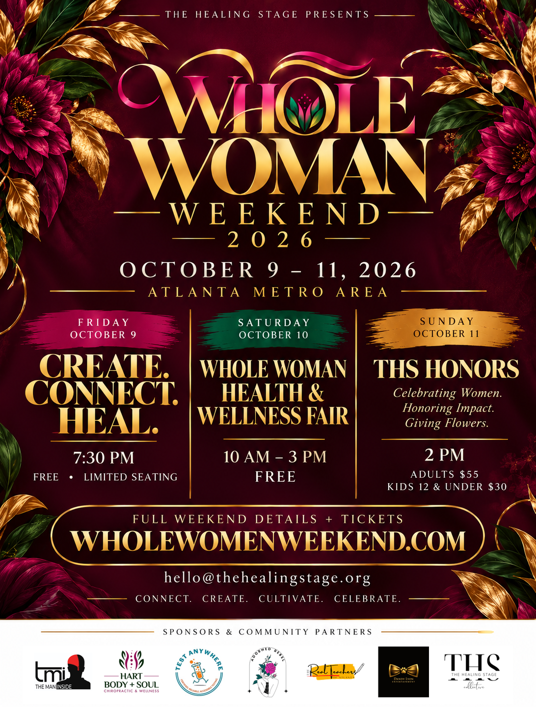 Whole Woman Weekend 2026 official master flyer: October 9 to 11, 2026, with Friday's Create. Connect. Heal., Saturday's Health & Wellness Fair and Sunday's THS Honors Awards Luncheon.
